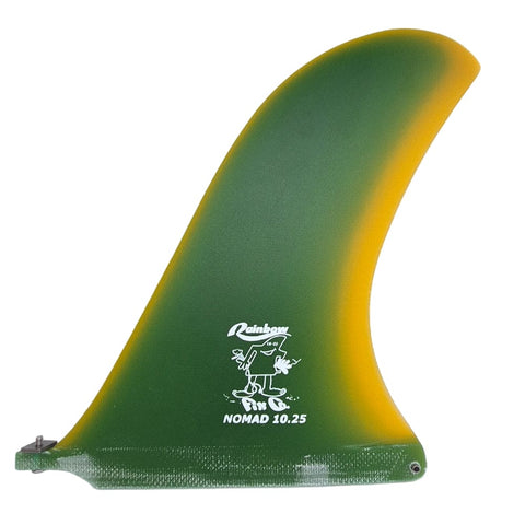 Green and yellow surf fin with a brand logo on a white background