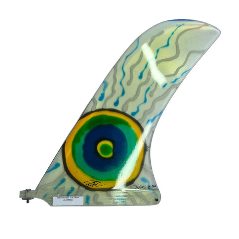 Decorative glass fin with colorful design on a white background