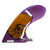 Purple and orange surfboard fin with a logo on a white background