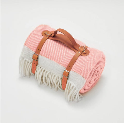 Candy Floss Pink Herringbone Wool Picnic Blanket - Atlantic Blankets Blankets Atlantic Blankets Large 130 x 200cm  